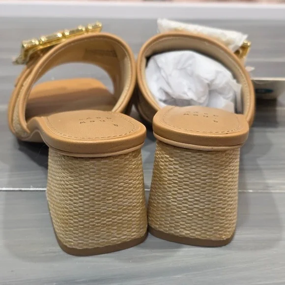 A New Day Kathleen Sandals Raffia Rhinestone Buckle Block Heel Mules Square Toe - Picture 12 of 15